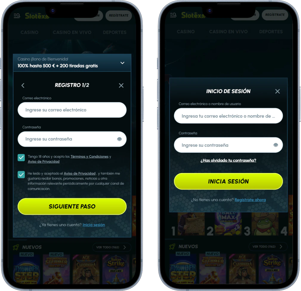 Registro e inicio de sesión en Slotexo